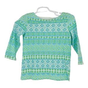 Talbots Blue Geometric Sea Shells Beach Top Womens Size PP Stretch Boat‎ Neck